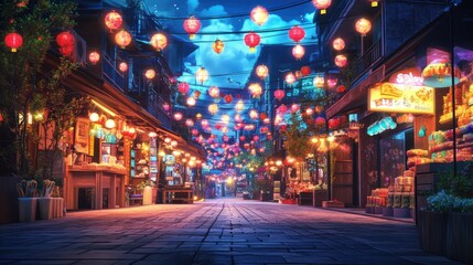 Vibrant street scene illuminated by colorful lanterns at night, capturing cultural charm.