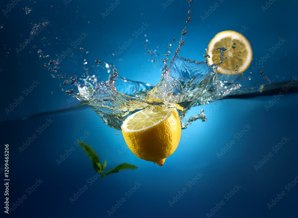 Poster a vibrant lemon and a lemon half splash into clear water, creating dynamic waves and bubbles. a spri