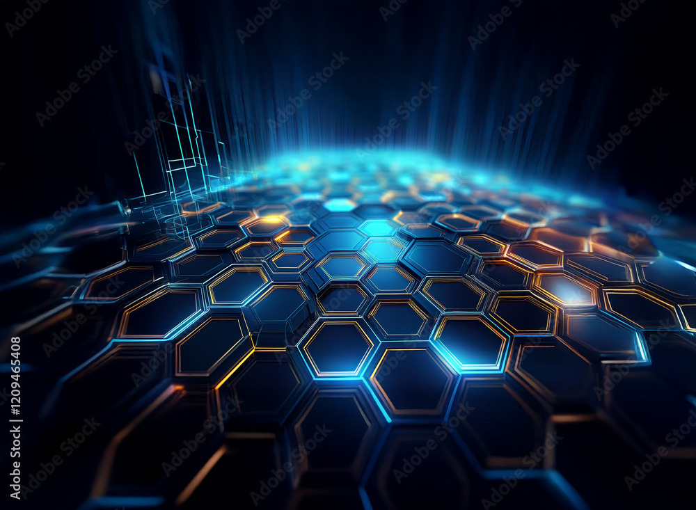 Aufkleber Abstract digital art depicting a futuristic, glowing hexagonal grid.  Blue and orange lights illuminate the complex pattern, creating a sense of depth and technology.