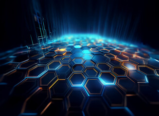 Abstract digital art depicting a futuristic, glowing hexagonal grid.  Blue and orange lights illuminate the complex pattern, creating a sense of depth and technology.