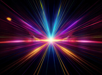 Obraz premium Vibrant multicolored light rays converge at a central point, radiating outwards against a dark background, creating a dynamic and energetic abstract composition. The effect suggests speed, energy, an