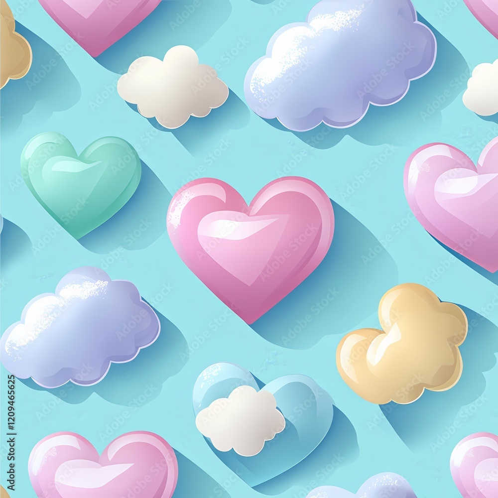 Poster pastel hearts and clouds pattern: a delightful seamless pattern featuring pastel-colored hearts and 