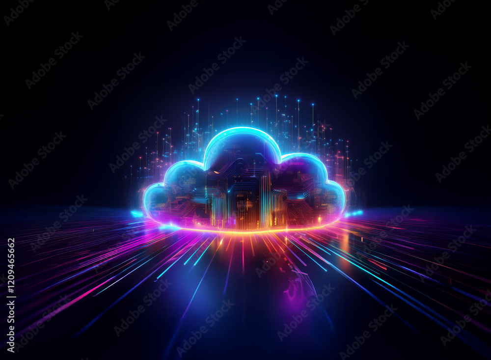 Poster a vibrant, glowing cloud symbol, rendered in neon blue and orange, sits on a dark surface. streaks o