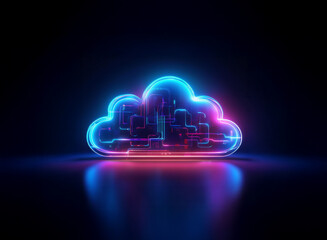 Glowing neon cloud symbol with integrated circuitry, reflecting on a dark surface.  Represents digital technology and data storage.