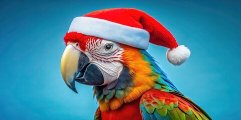 Fototapeta premium Panoramic Christmas photo: A Santa-hatted Macaw, a tropical holiday bird, against a blue winter sky.