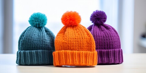 Four Colorful Knitted Hats Isolated on White Background