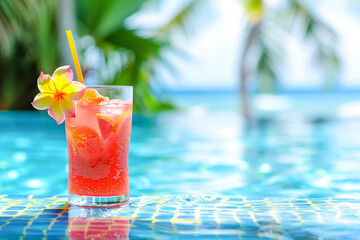 A vibrant cocktail near a pool, topped with orange and berries, capturing the essence of summer leisure.