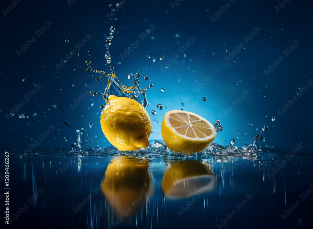 Aufkleber A whole lemon and a lemon half splashing into water, creating a vibrant, dynamic scene against a dark blue backdrop. The water droplets and reflections add to the image's visual appeal.