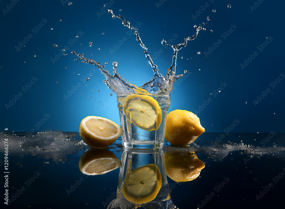 Fototapete refreshing lemon slices dropped into a glass of water, creating a vibrant splash against a deep blue