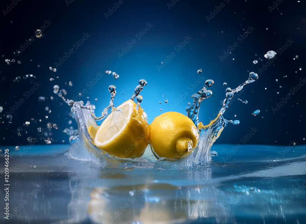 Poster two juicy lemons create a vibrant splash in a dark blue liquid. the scene is dynamic and refreshing.