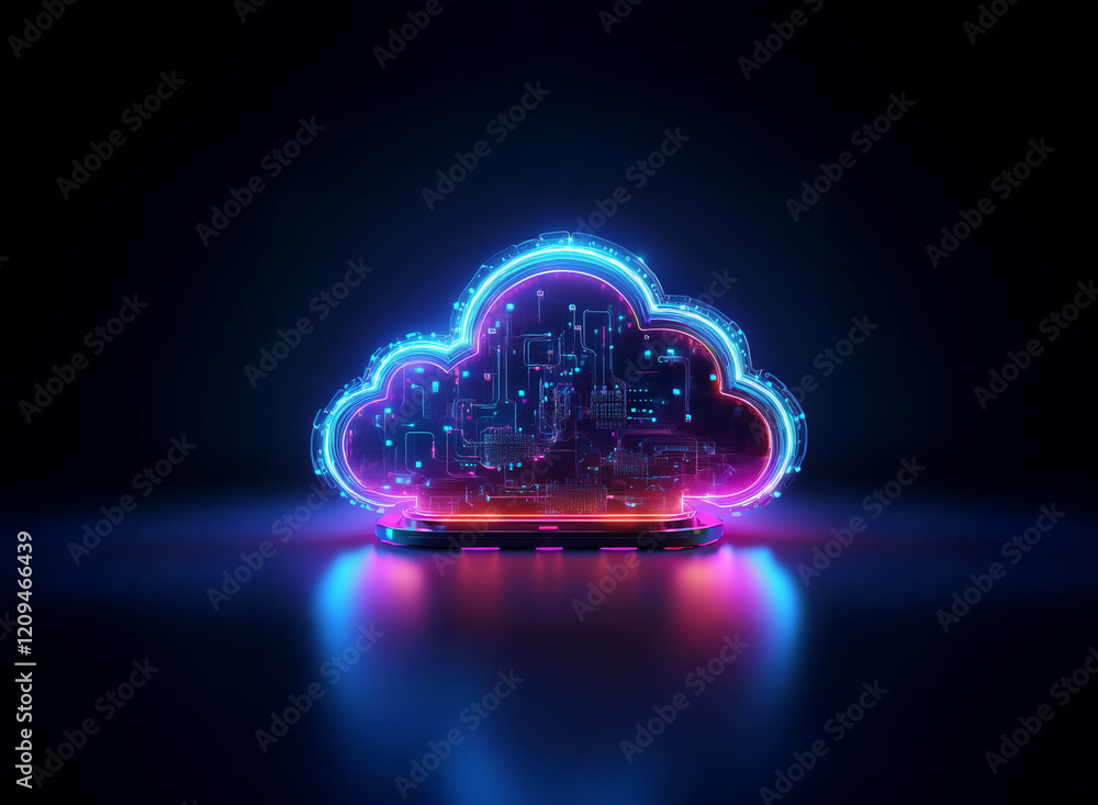 Poster glowing neon cloud icon with integrated circuit board design, reflecting on a dark surface. symboliz