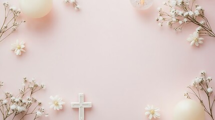 Pastel Pink Background with White Flowers Cross and Balloons