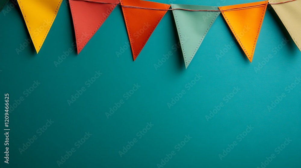Poster colorful triangular bunting flags on teal background