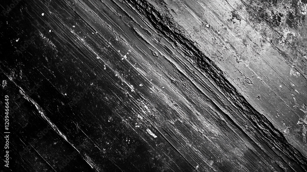 Poster surface with prominent scratches and signs of aging displaying intricate textures and a stark black 
