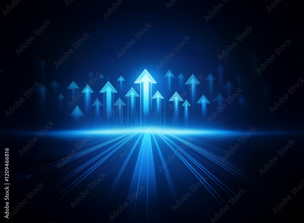 Poster glowing blue arrows ascend on a dark background, symbolizing growth, progress, and upward mobility. 