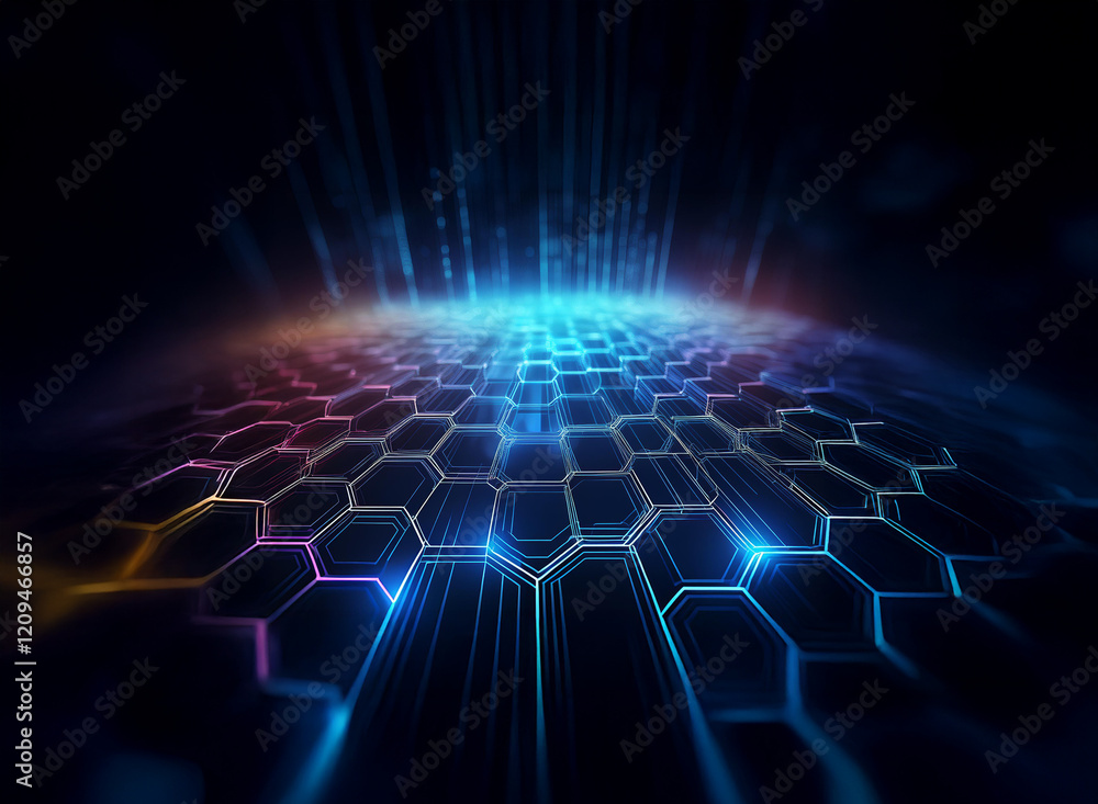 Poster abstract digital artwork featuring a glowing hexagonal grid, radiating light, and a futuristic, tech