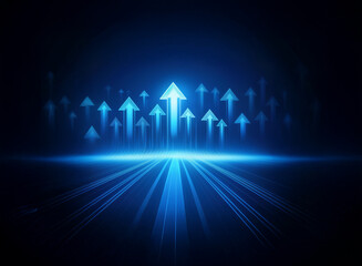 Glowing blue arrows ascend on a dark background, symbolizing growth, progress, and upward mobility.  The converging lines suggest a path to success.