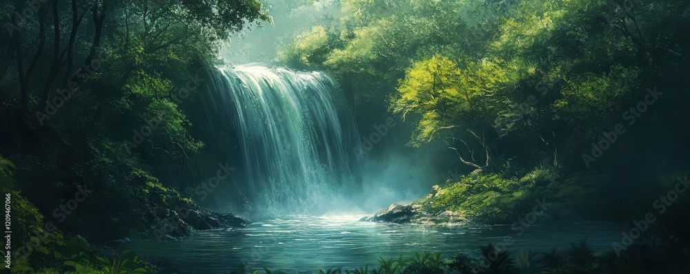 Poster a tranquil waterfall hidden deep in the forest, its cascading waters creating a soothing melody.