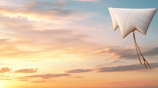 a whimsical kite flying into the top-right corner of a soft pastel sunset gradient, leaving the lower half clear