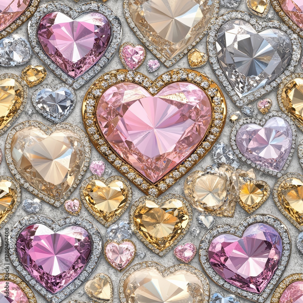 Poster Diamond Hearts Pattern: A seamless pattern of sparkling diamond hearts in a variety of colors and sizes, with a soft gray background. The pattern is perfect for adding a touch of glamor to any design.
