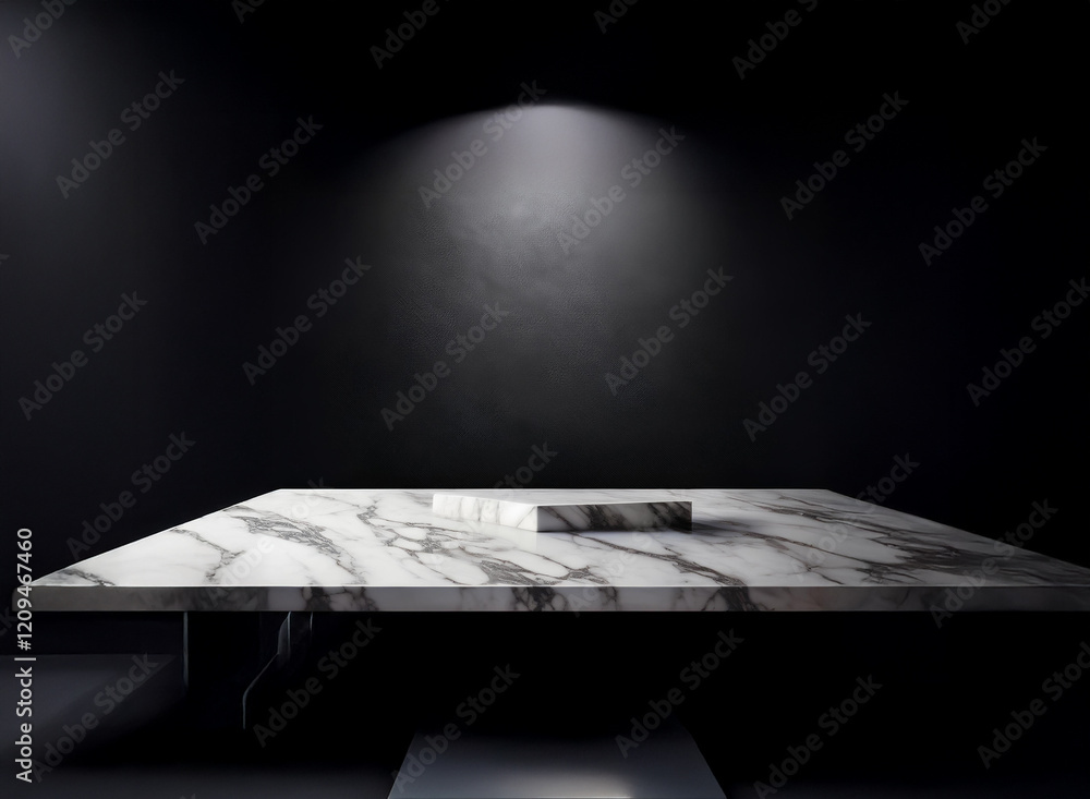 Poster A minimalist scene: a large, rectangular marble table sits in a dark room, subtly lit from above.  A small, white rectangular block rests on its surface.