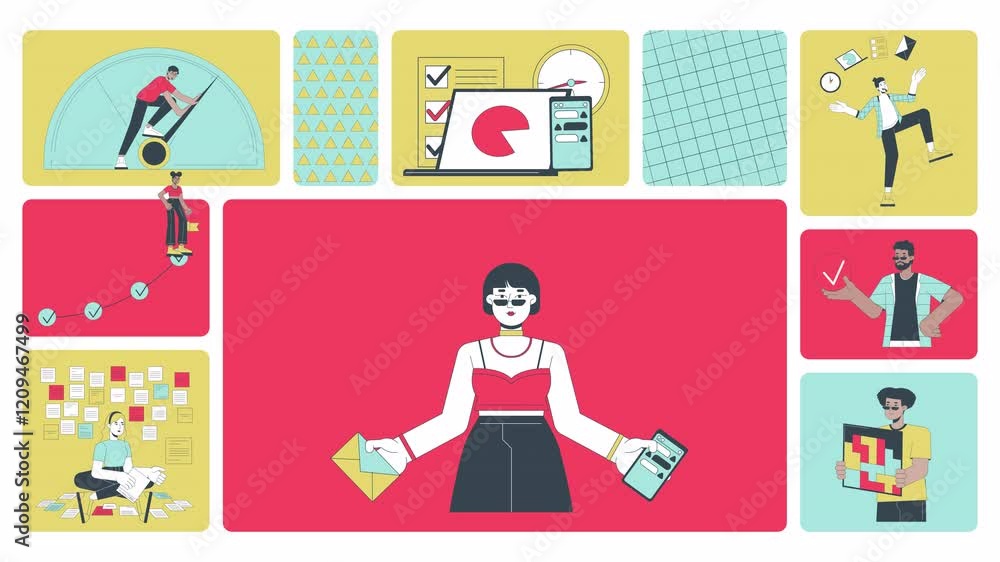 Poster productivity people animated bento grid layout. office workflow. task management. busy multitasking 