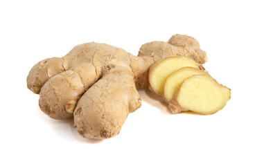 Fresh ginger root with slices and leaves isolated on white background