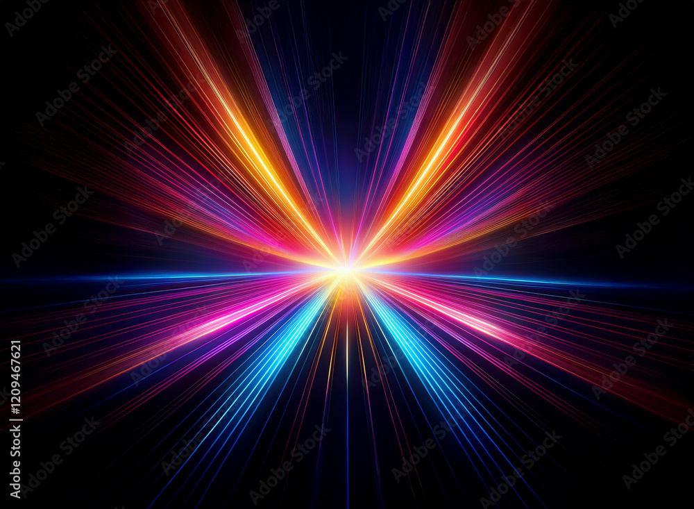 Poster a vibrant, multicolored light burst explodes from a central point, radiating outward in streaks of b