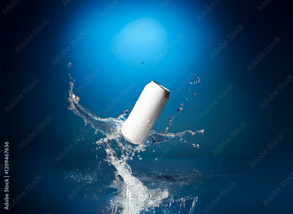 Poster A white aluminum can splashes into clear water against a deep blue background.  The dynamic action is captured in a striking image.