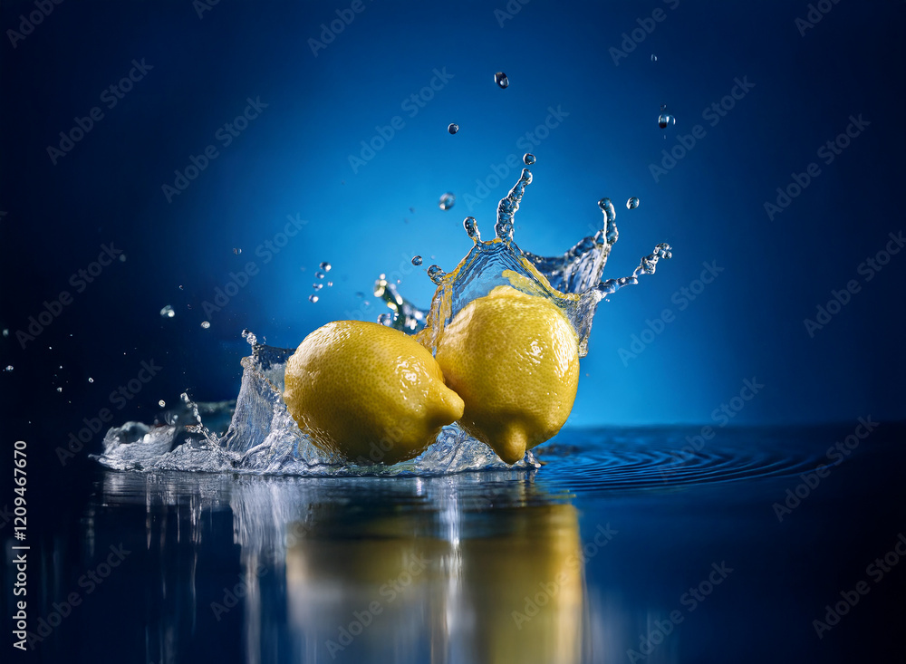 Poster Two ripe lemons splash into a pool of water, creating a dynamic and vibrant scene against a deep blue backdrop.  The water droplets are frozen mid-air, showcasing the energy of the impact.
