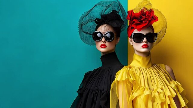 Two fashion models wearing elegant hats, sunglasses, and stylish dresses pose against a vibrant two tone backdrop, creating a striking visual contrast