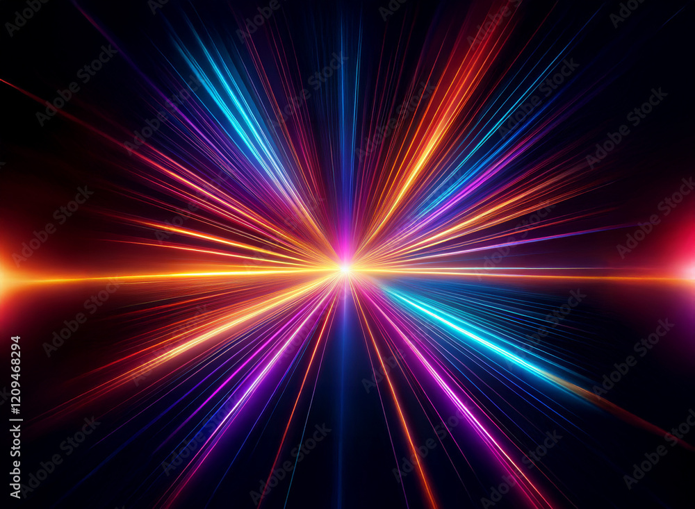 Poster vibrant, multicolored light streaks radiate from a central point, creating a dynamic, starburst effe