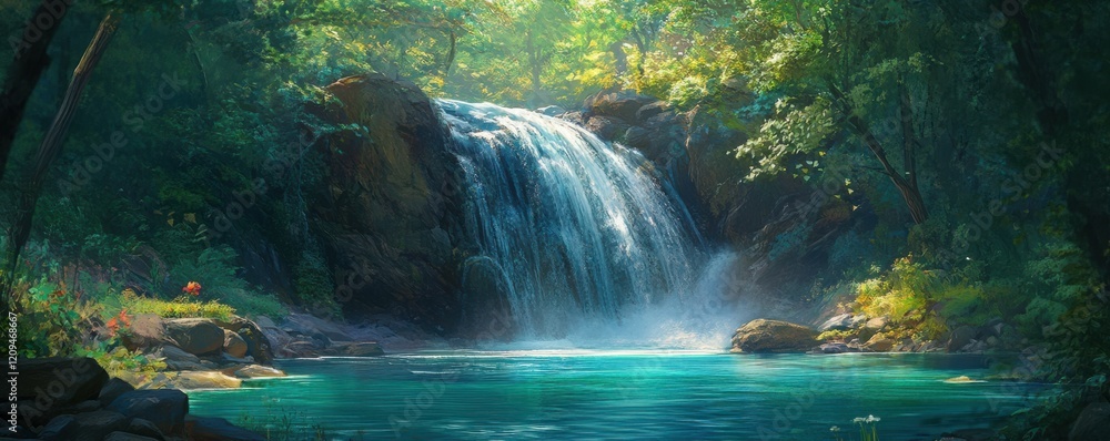 Poster a tranquil waterfall hidden deep within a dense forest, its waters cascading into a pool below with 