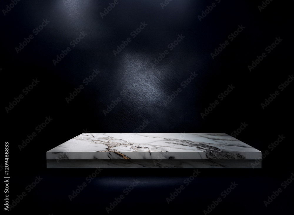 Poster a sleek, rectangular marble platform sits on a dark, moody background, illuminated by subtle spotlig