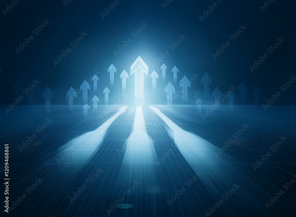 Poster glowing arrows converge on a bright central arrow, symbolizing progress and upward mobility. three l