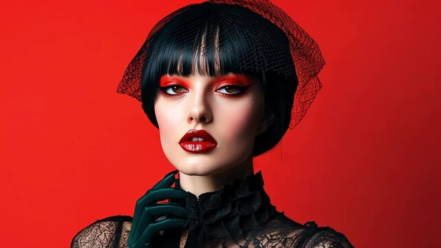 Fashion model with intense red make up, black bob haircut and veil, wearing dark green gloves and black lace dress, posing on a red background