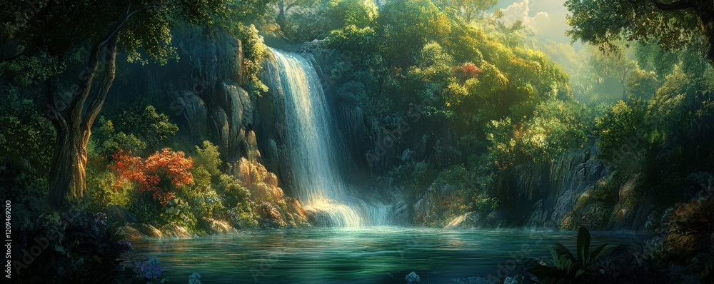 Poster a tranquil waterfall hidden deep within a dense forest, its waters cascading into a pool below with 