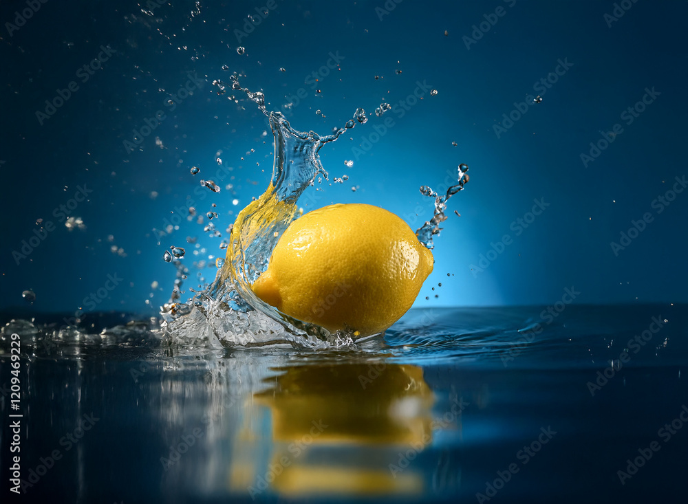 Poster a vibrant yellow lemon makes a splash, entering a dark blue water surface. water droplets fly in dyn