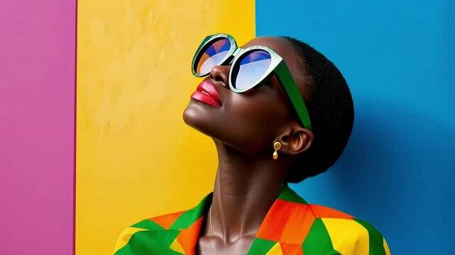 Fashionable african american woman sporting short hair, red lipstick, colorful patterned jacket, posing with trendy sunglasses near bright multicolored background