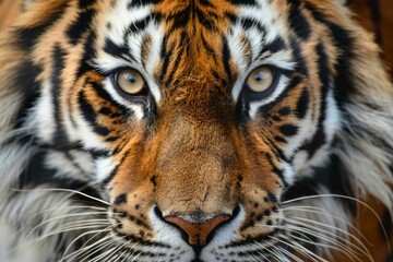Intense gaze of a magnificent tiger, showcasing its striking stripes and powerful presence