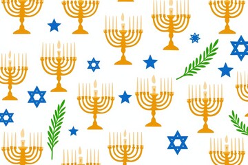 Festive Hanukkah Pattern with Menorahs, Stars of David, and Olive Branches for Celebrations and Decorations