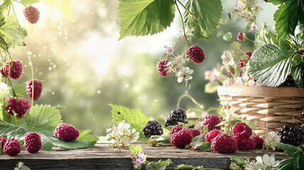 Ripe raspberries and blackberries on wooden table with greenery