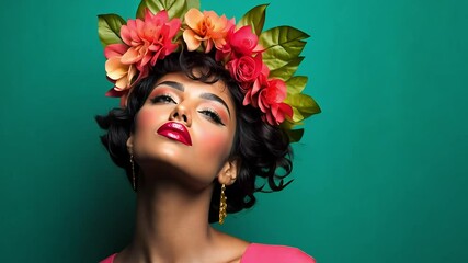 Fashion model wearing floral headpiece, pink dress, presenting elegant poses against turquoise backdrop with expressive facial gestures - Powered by Adobe