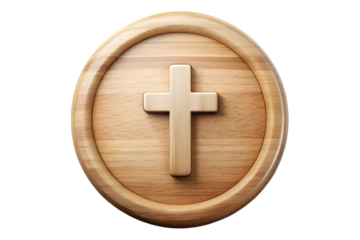 Wooden button with cross symbol in light texture isolated on transparent or white background, png