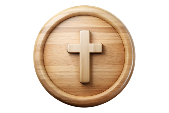 Wooden button with cross symbol in light texture isolated on transparent or white background, png