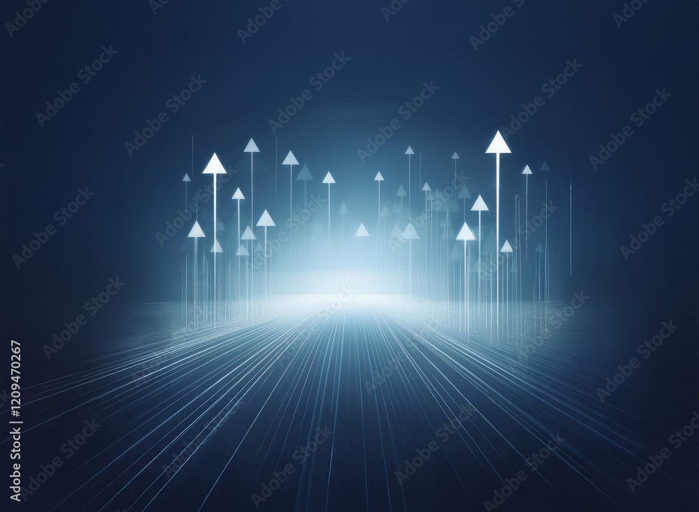 Poster numerous glowing arrows ascend from a radiant horizon, symbolizing growth and progress on a path of 