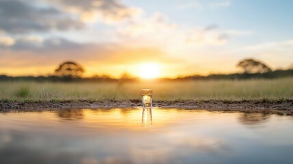 Sparkling Water Glass at Sunset Over Tranquil Landscape