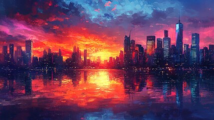 Fototapeta premium Cityscape at sunset with vibrant lights and reflections in a river, dynamic and breathtaking