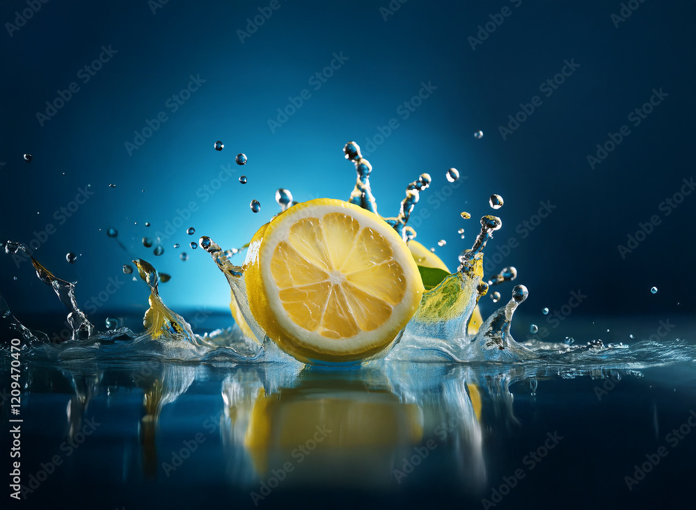 Poster a juicy lemon slice and its reflection dramatically splash into a dark blue water surface, creating 