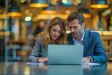 Two professionals or accountants collaborating on laptop to analyze data charts, graphs, and dashboard for statistical report and financial discussion in office setting.